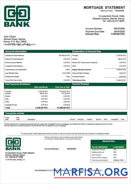 Realistic Kenya Co operative Bank of Kenya mortgage statement Word and PDF template